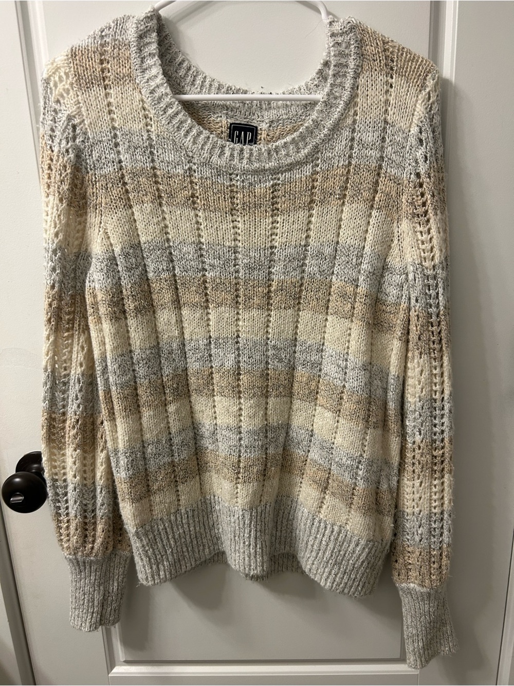 GAP Women's Cream, Gray & Tan Striped Ribbed Crewneck Sweater